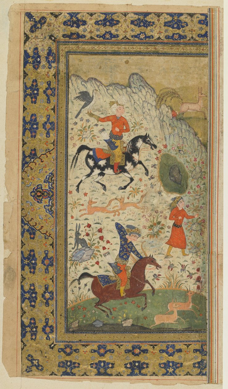 Královský lov ze Shahnamy (Kniha králů) od Firdawsi, kolem 1590-1600 (inkoust, neprůhledný akvarel a zlato na papíře) od Persian School