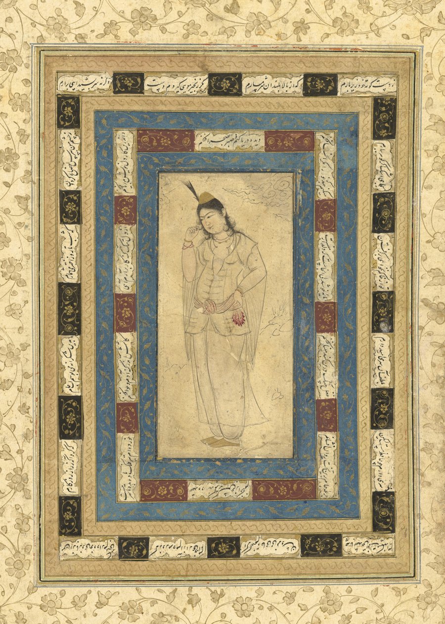 A Standing Lady, Isfahan, c.1620-25 (inkoust, neprůhledné wc a zlato na papíře) od Persian School