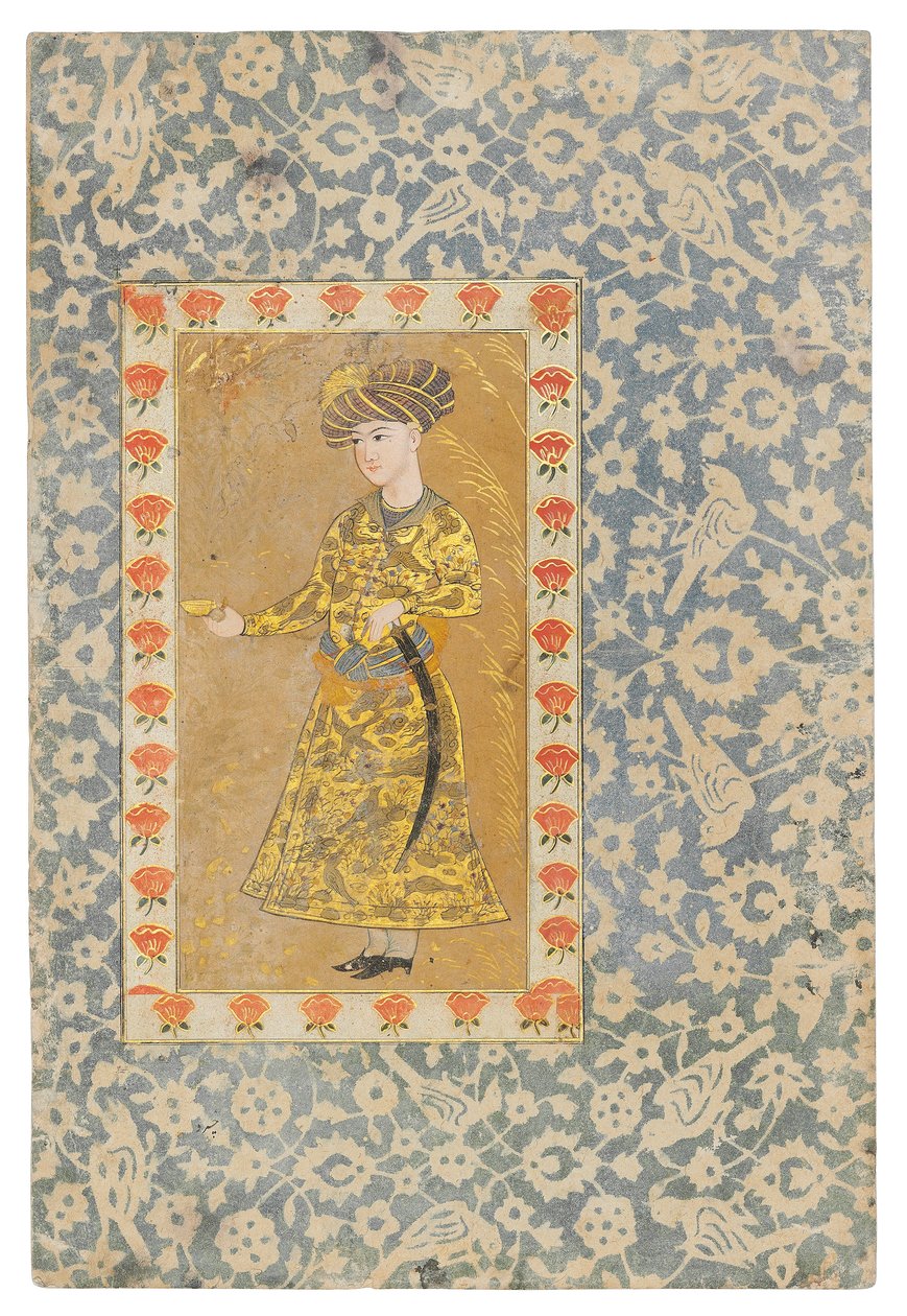 Mládež držící pohár vína, Safavid Isfahan (neprůhledné pigmenty zvýrazněné zlatem na papíře) od Persian School