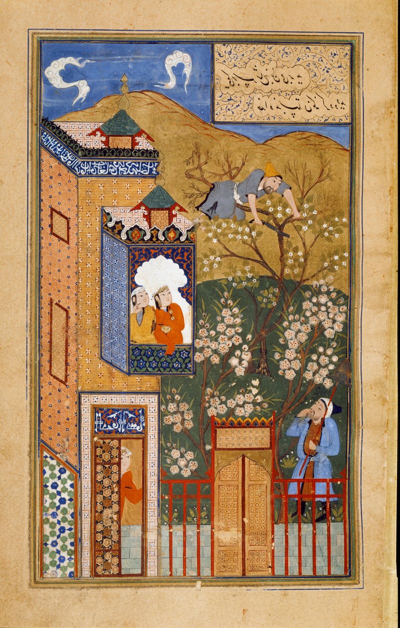 Blázen podřezává větev, na které sedí, pod okem zahradníka Page převzatého z perského rukopisu ms. 1187 (fol 27v) opis do Buchary kolem 1540-1557. Paříž, B.N. od Persian School