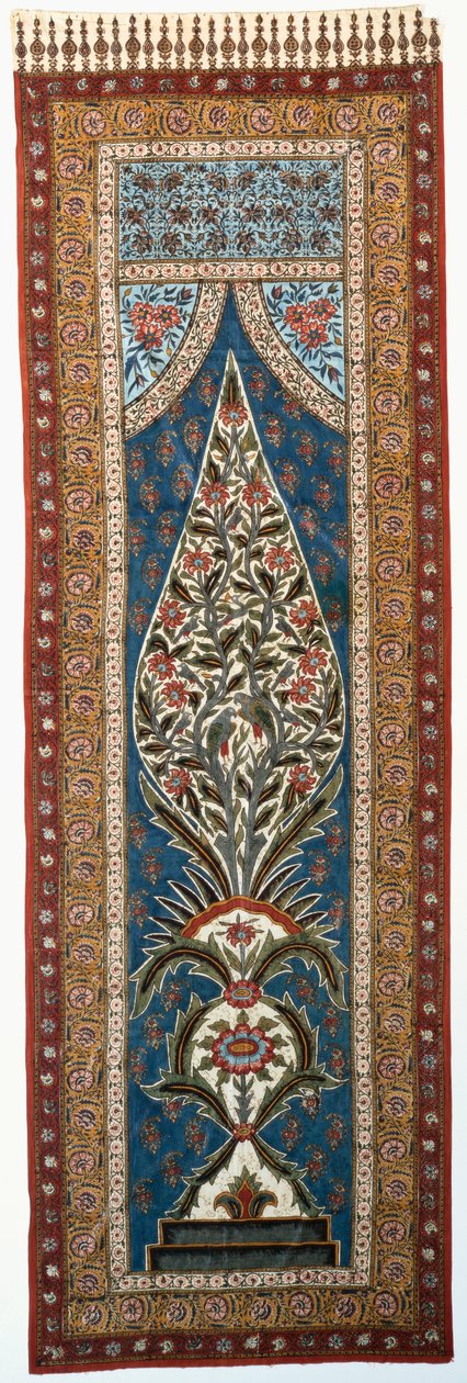 Glamované bavlněné kalamkari malované a potištěné papoušky a dalšími ptáky usazenými ve větvích kvetoucího stromu ve tvaru plamene od Persian School