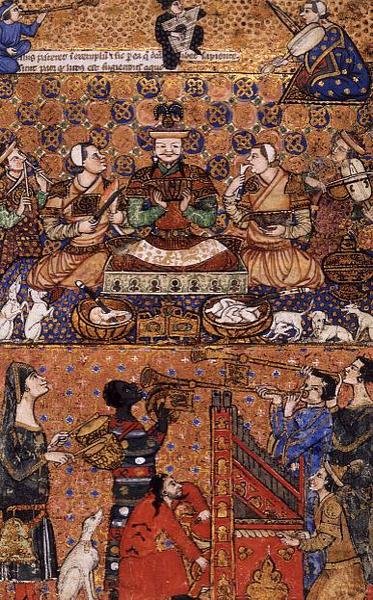 Přidat 27696 f.13 Vládce trůnící s průvodci a hudebníky, napsáno v Janově, konec 14. století od Persian School