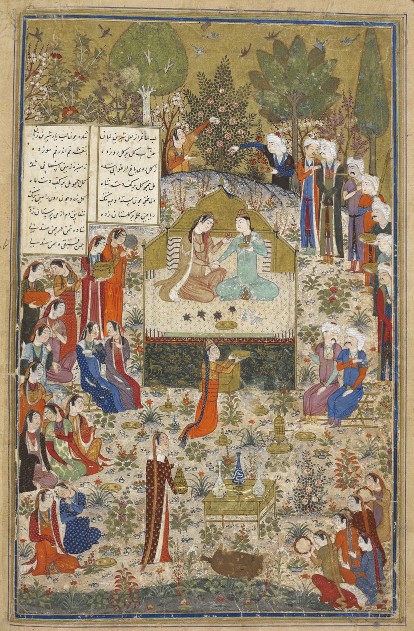 Přidat Ms 18113 f.406 Humay a Humayun, milenci obklopeni průvodci, ze „Tři básně“ od Kirmani, Bagdád od Persian School