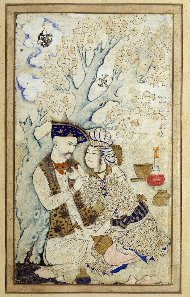 Art Islam: Portrét šáha Abbáse I objímajícího jednu z jeho stránek. Perská kresba z roku 1672. Rozměr: 0,16 x 0,27 m. Paříž, Musee du Louvre od Persian School
