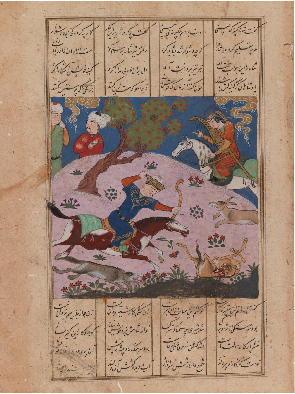 Lov Baahram Gur, folio od Nizami Khamseh (inkoust a neprůhledné wc na papíře) od Persian School