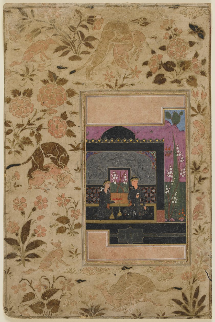 Bahram Gur a princezna v Černém pavilonu, kolem roku 1590 (neprůhledný akvarel, inkoust a zlato na papíře) od Persian School