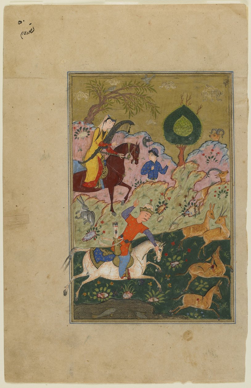 Bahram Gur loví s Azadou z Khamsy, kolem roku 1580 od Persian School