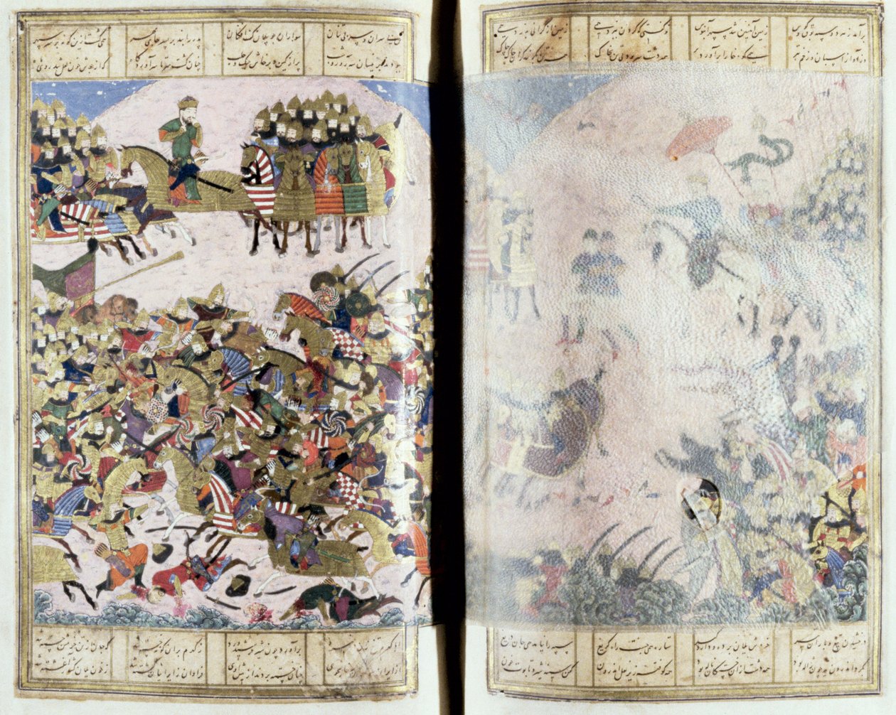 Bitva mezi Isfandiyar a Arjasp, ilustrace z Shahnama (Kniha králů), Abul-Qasim Manur Firdawsi (c.934-c.1020) c.1440-45 (pero, inkoust a wc na pergamenu) od Persian School