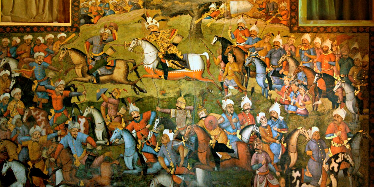 Bitva o Taher-Abad nebo bitva o Merv s vítězstvím šáha Ismaila I. nad Muhammadem Shaybani Khanem, přijímací sál, Chehel Sotun, 1647 od Persian School