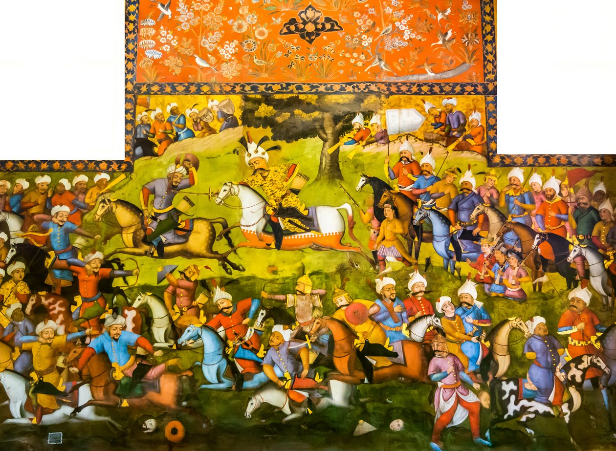 Bitva o Taher-Abad nebo bitva o Merv s vítězstvím šáha Ismaila I. nad Muhammadem Shaybani Khanem, přijímací sál, Chehel Sotun, 1647 od Persian School