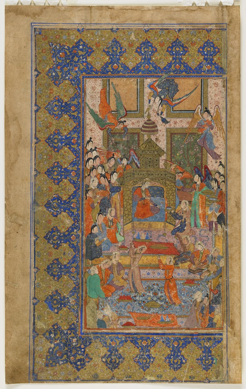 Bilqis na trůn z Khamsa (kvintet), kolem 1560 (neprůhledný akvarel, inkoust a zlato na papíře) od Persian School