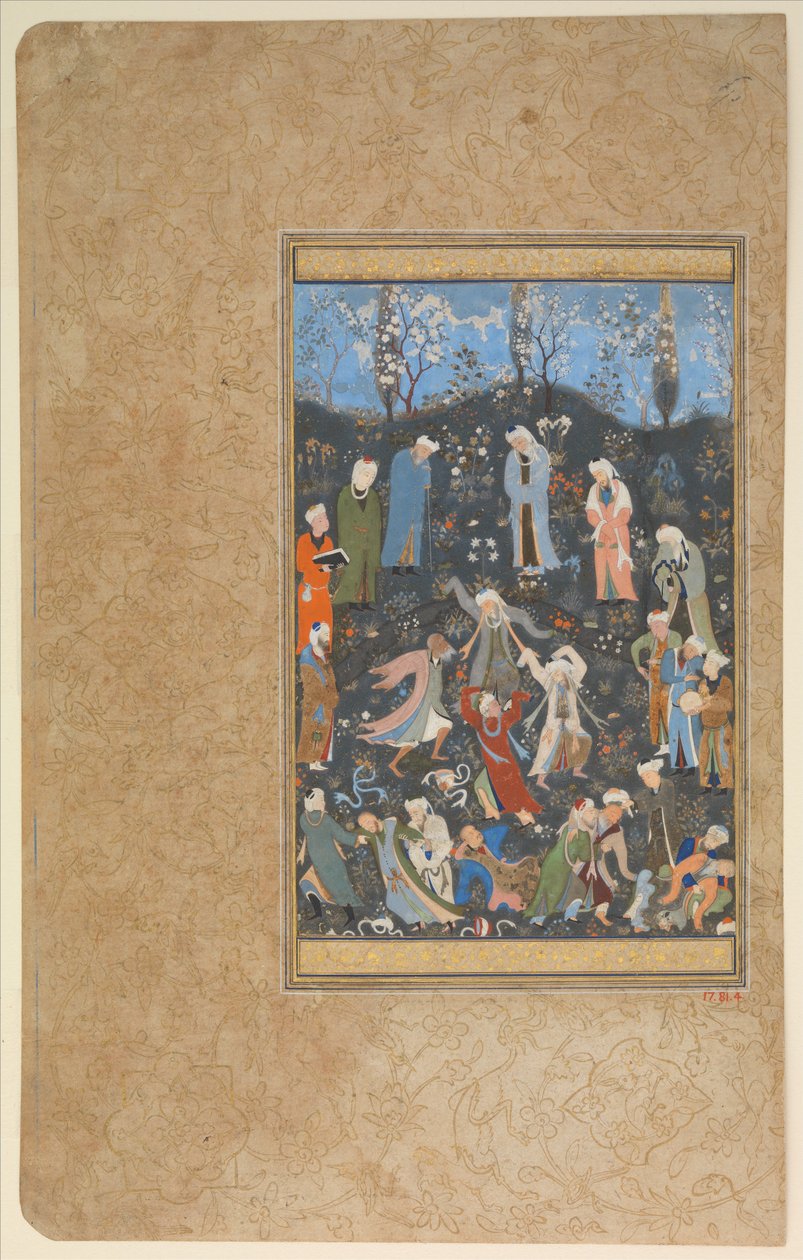 "Dancing Dervishes", Folio from a Divan of Hafiz, cca 1480 (neprůhledný akvarel a zlato na papíře) od Persian School