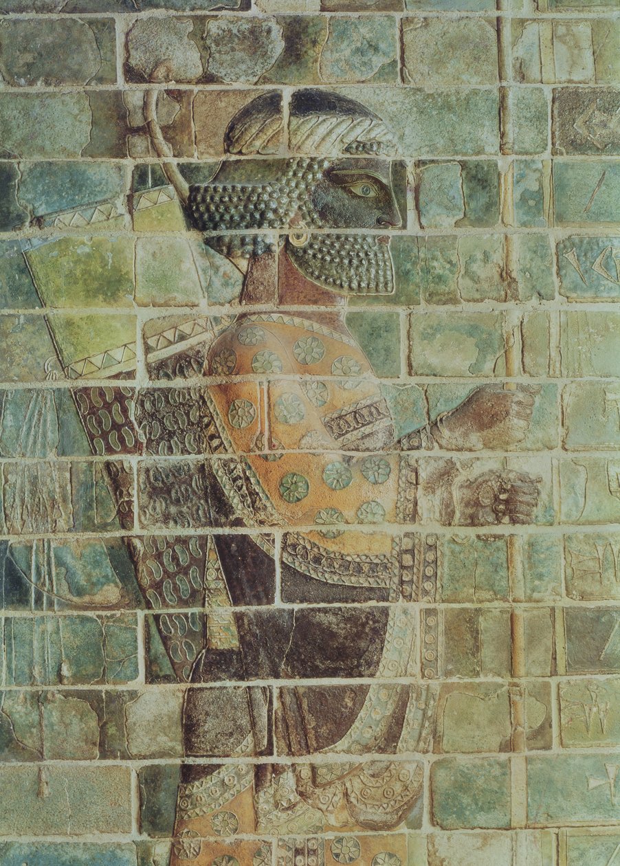 Detail lučištníka z vlysu z paláce Dareia Velikého (548-486 př. n. l.) v Súse, Írán, achaimenovské období, cca 500 př. n. l. (glazované cihly) od Persian School