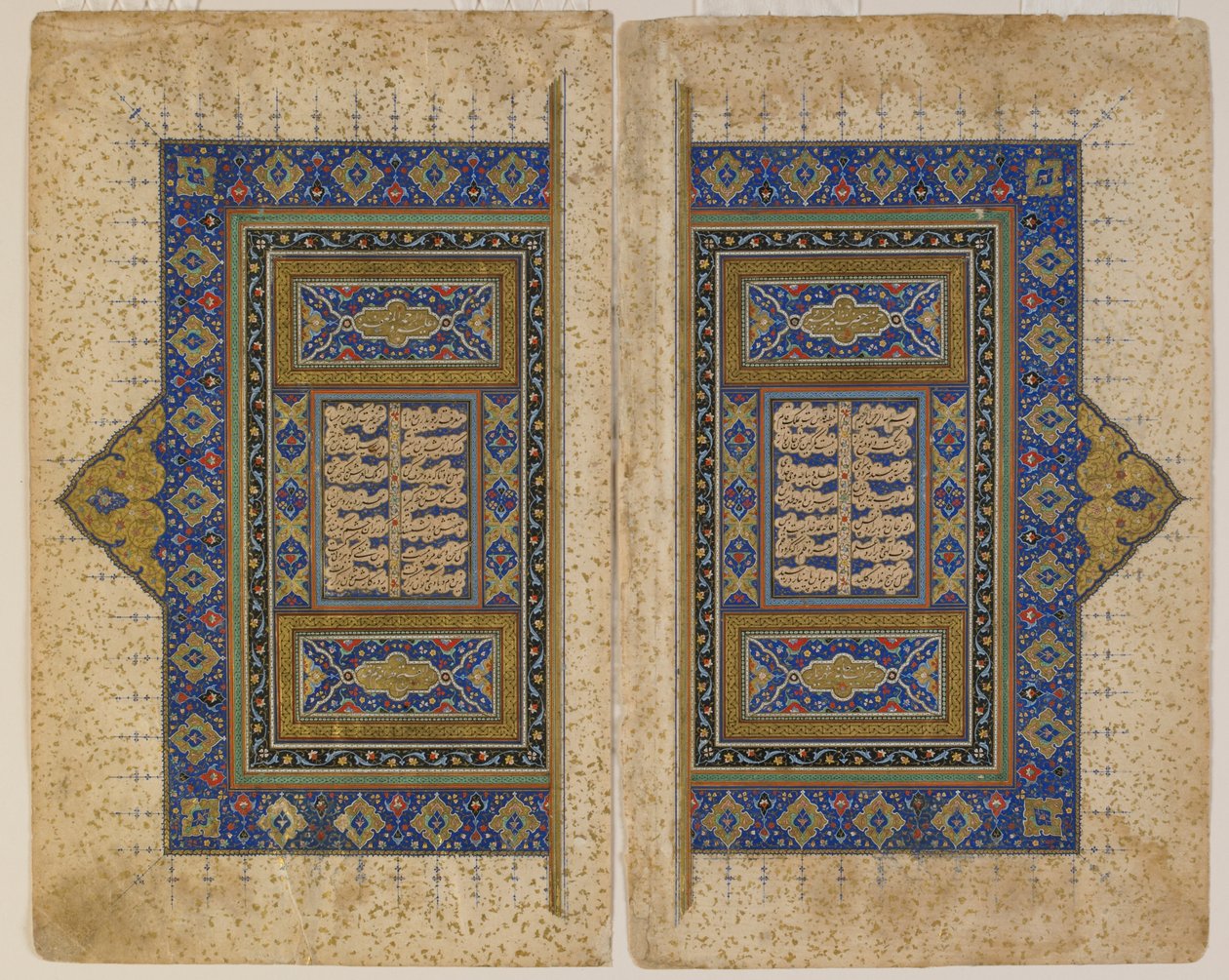 Dvoustránkový frontispis z Khamsy (kvintetu) od Amira Khusrawa Dihlaviho, Tabriz, Írán, období Safavid, 1530-40 (neprůhledný akvarel, inkoust a zlato na papíře) od Persian School