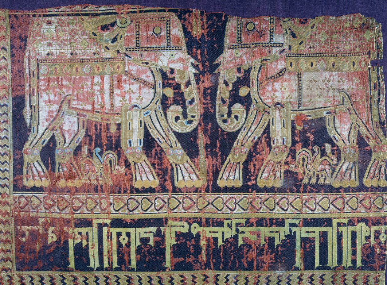 Sloni a nápis tureckého generála Abu Mansur Bukhtegin, hedvábná látka vyrobená v Íránu v 10. století, detail od Persian School