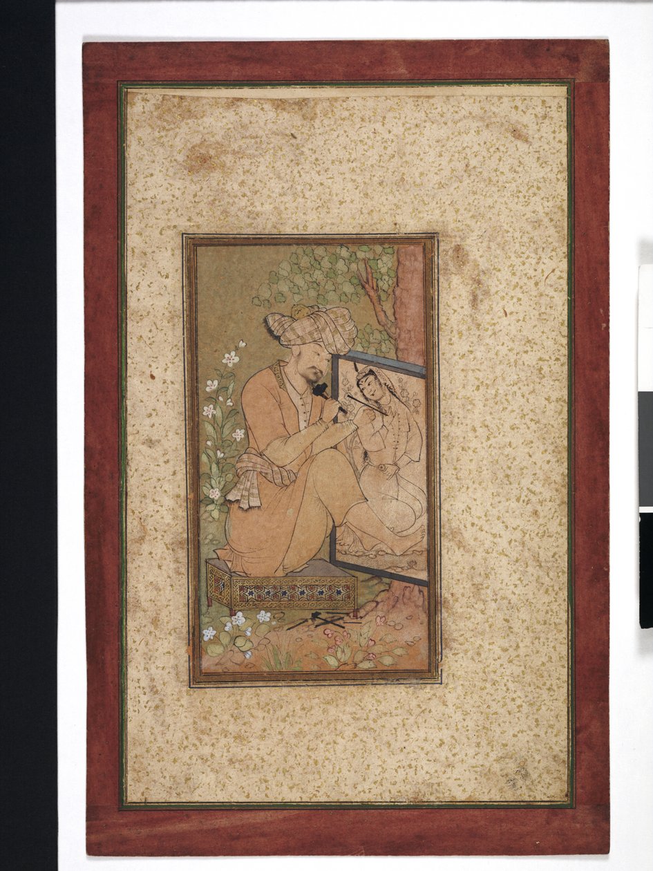 Farhad pravděpodobně vyřezává Shirinin portrét 18. století (neprůhledný akvarel, inkoust a zlato na papíře) od Persian School