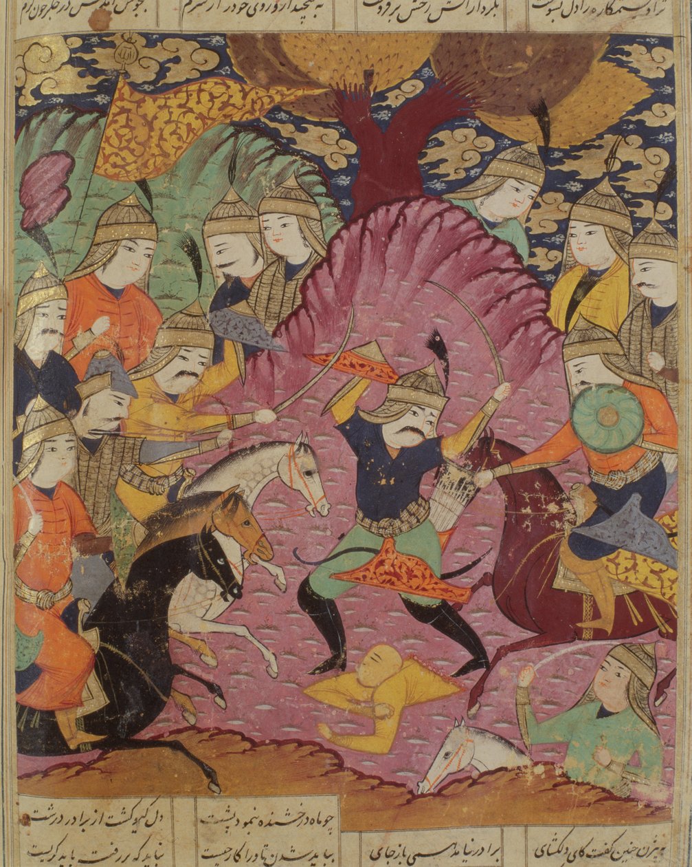 Boj mezi Bahramou a Tazawem, ilustrace z Shahnamy (Knihy králů) od Abul-Qasima Manura Firdawsiho (c.934-c.1020) 1619 od Persian School