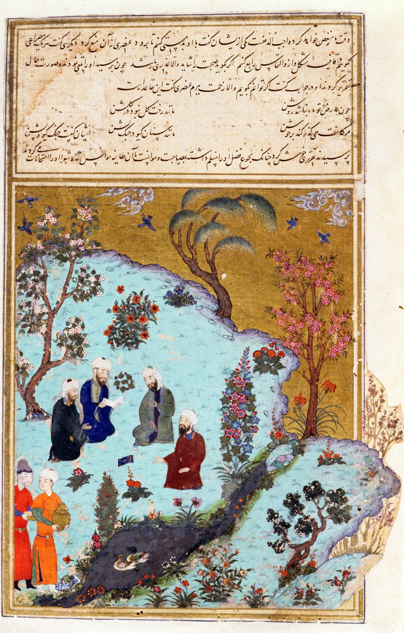 Firdawsi a tři dvorní básníci z Ghazny, ilustrace z Shahnamy (Kniha králů), od Abul-Qasima Manura Firdawsiho (asi 934-c.1020) asi 1440-45 (pero, inkoust a zlato na pergamenu) od Persian School