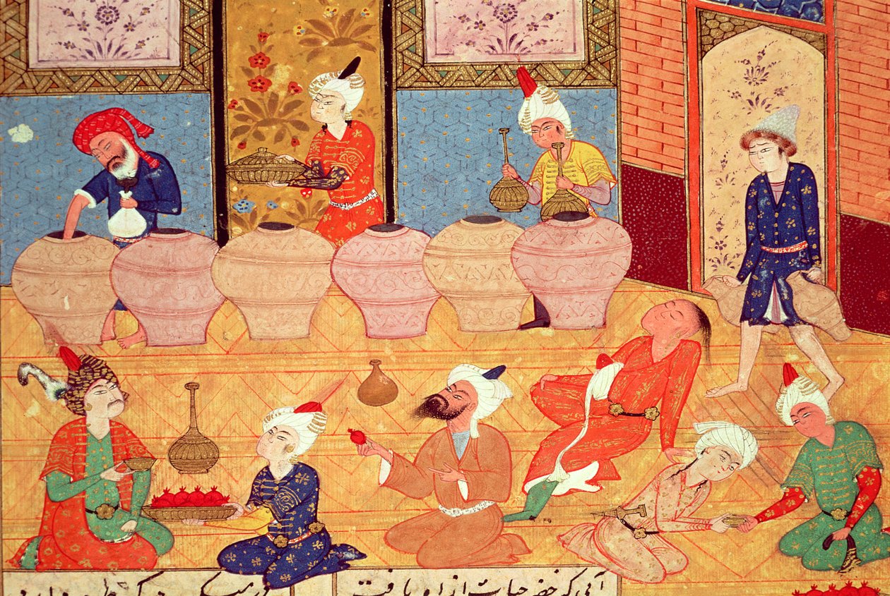 Fol.33v, Detail hostiny s hudebníky, z knihy básní Hafize Shiraziho (asi 1325-1388) 1554 od Persian School