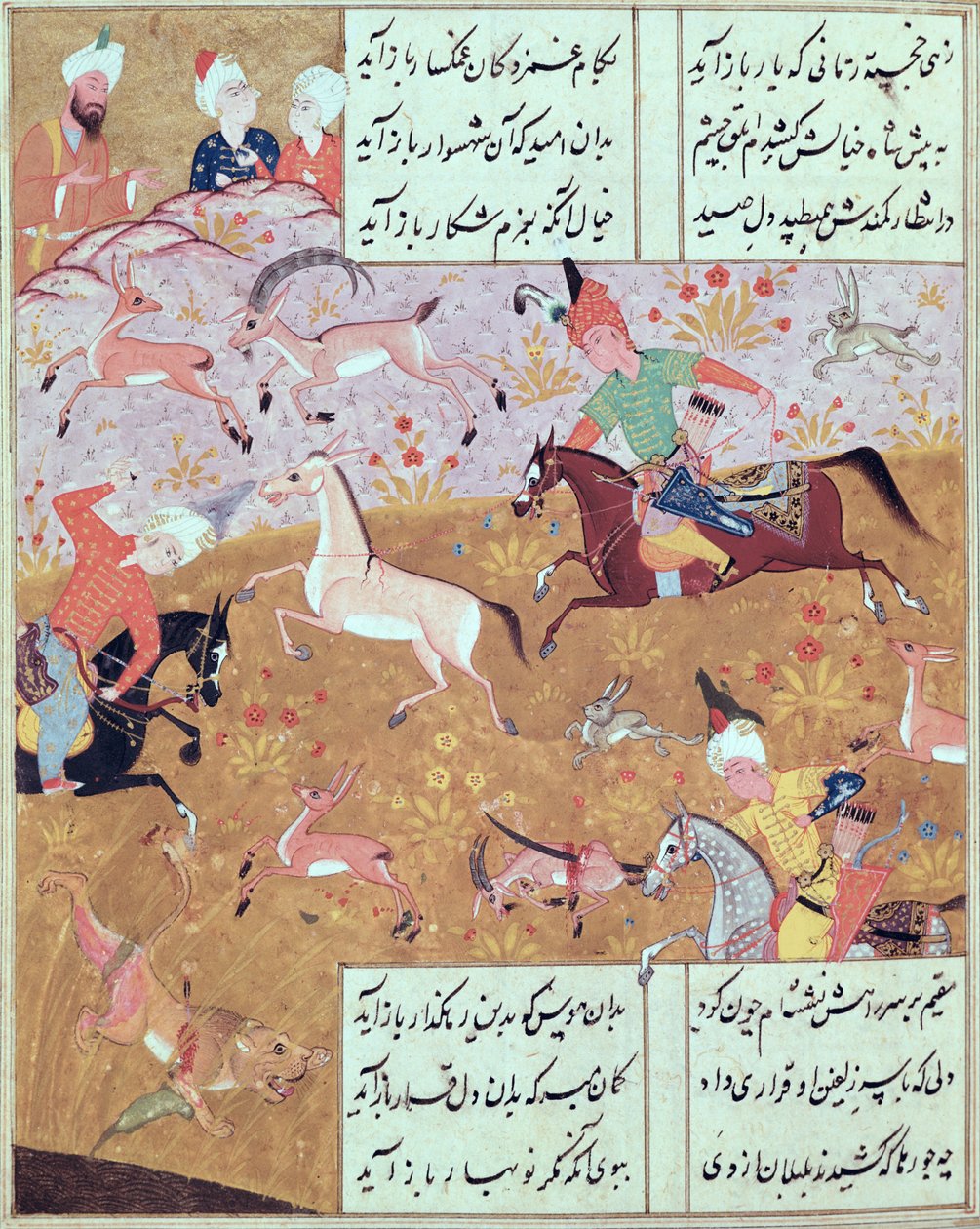 Fol.65r The Royal Hunt, z knihy básní Hafize Shiraziho (asi 1325-c.1388) (kvaš na papíře) od Persian School