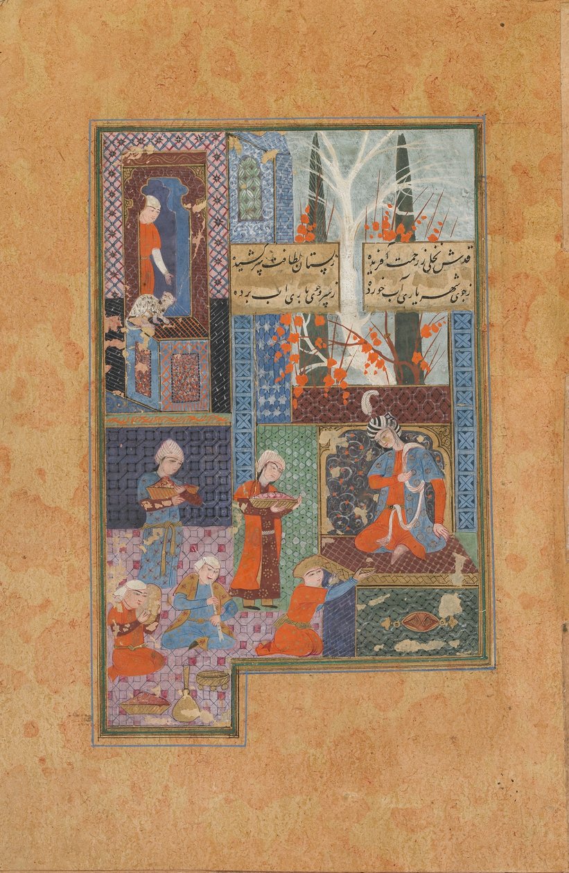 Folio from a Divan (sebrané básně) od Jami († 1492); Prince and Attendants (neprůhledný akvarel, inkoust a zlato na papíře) od Persian School