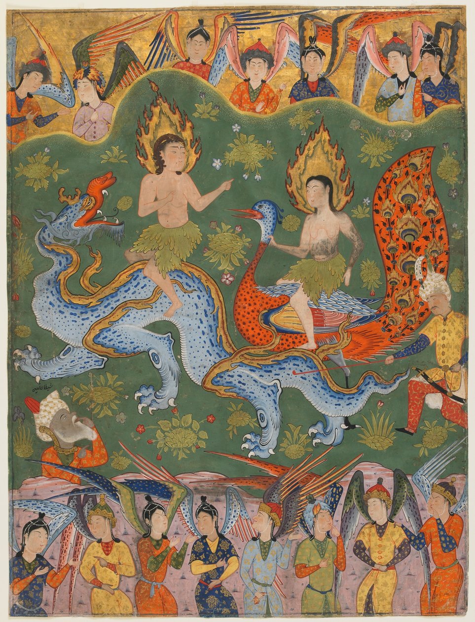 Folio from a Falnama (Book of Omens); verso: Vyhnání Adama a Evy, Qazvin, Írán, období Safavid, polovina 50. let 16. století (neprůhledný akvarel, inkoust a zlato na papíře) od Persian School