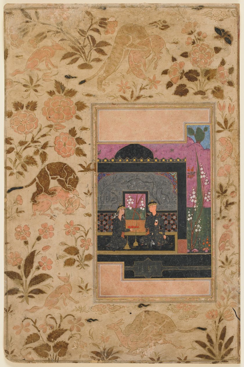 Folio z Haft paykar; Bahram Gur a princezna v černém pavilonu, Qazwin, Írán, c, 1590 (neprůhledný akvarel, inkoust a zlato na papíře) od Persian School