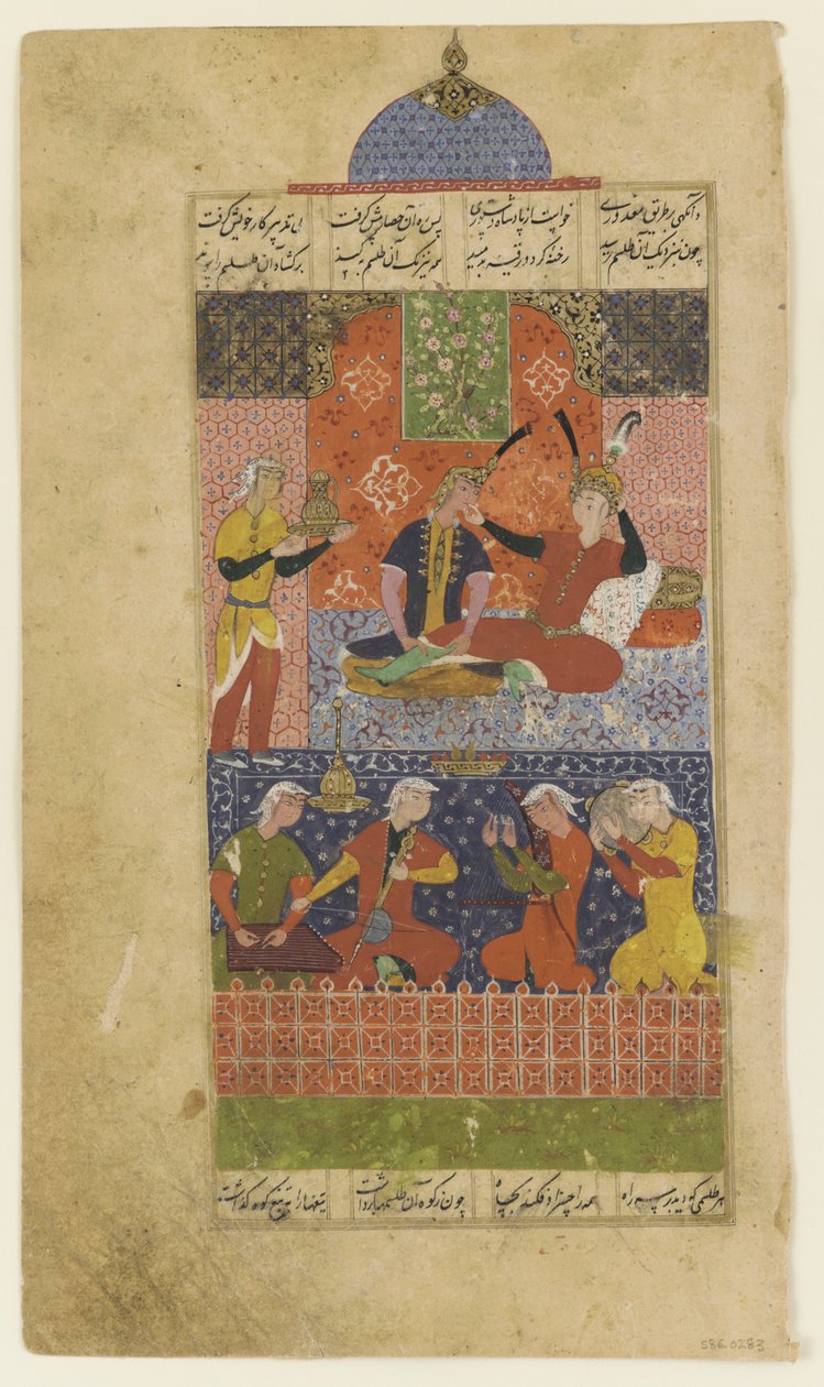 Folio z Khamsa: Bahram Gur a princezna v červeném pavilonu, kolem roku 1560 od Persian School