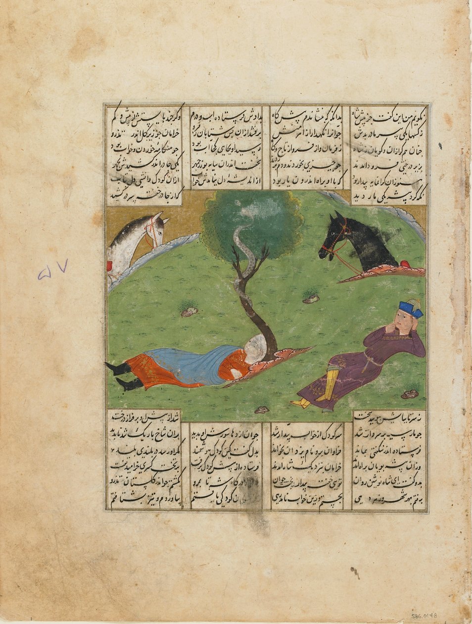 Folio from a Shahnama (Book of Kings) od Firdawsiho († 1020); recto: Nushirwans Dream, Iran, cca 1440 (neprůhledný akvarel, inkoust a zlato na papíře) od Persian School