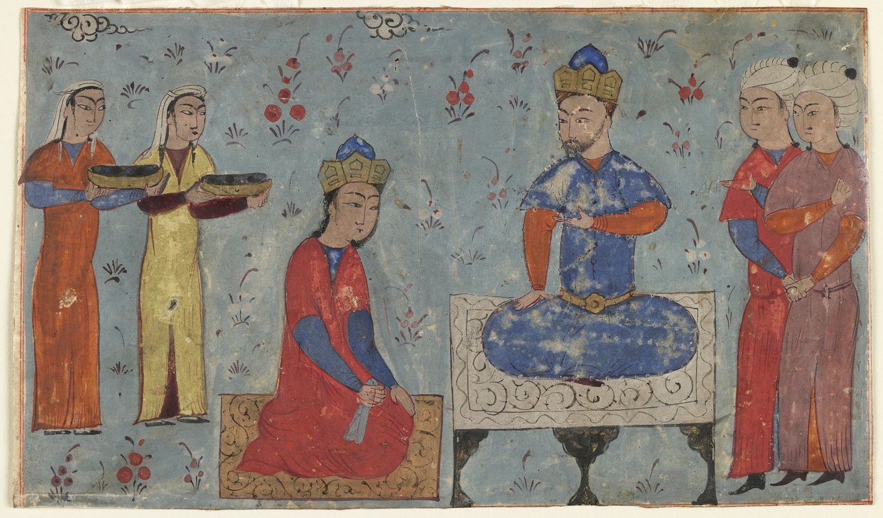Folio from a Shahnama (Book of Kings) od Firdawsiho († 1020); recto: Sindukht Before Sam, Írán (neprůhledný akvarel, inkoust a zlato na papíře) od Persian School