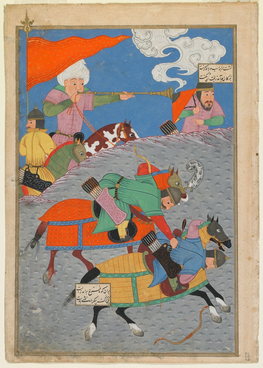 Folio from a Shahnama (Book of Kings) od Firdawsiho († 1020); recto: Bitva mezi Zangou a Awkhastem; Gilan, Írán, turkomanské období, 1493-1494 (neprůhledný akvarel, inkoust a zlato na papíře) od Persian School