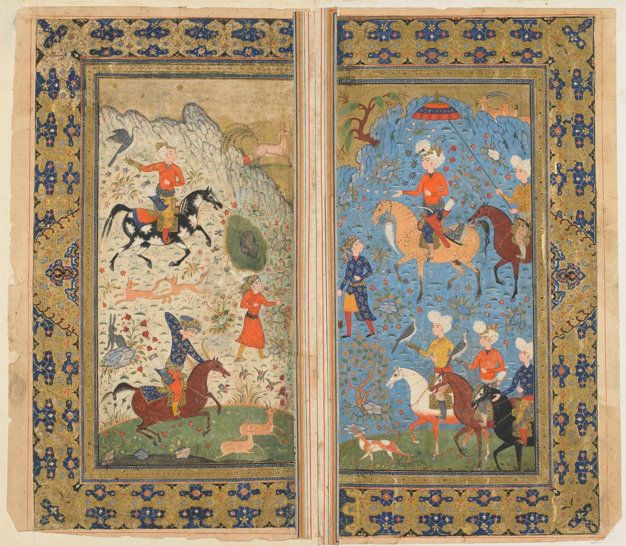 Folio from a Shahnama (Book of Kings) od Firdawsi; Královský lov, Írán, cca 1590-1600 (neprůhledný akvarel, inkoust a zlato na papíře) od Persian School
