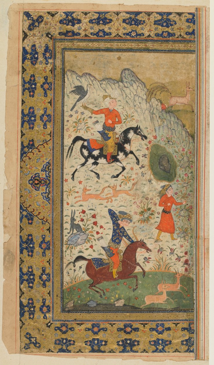 Folio from a Shahnama (Book of Kings) od Firdawsi; Královský lov, Írán, cca 1590-1600 (neprůhledný akvarel, inkoust a zlato na papíře) od Persian School