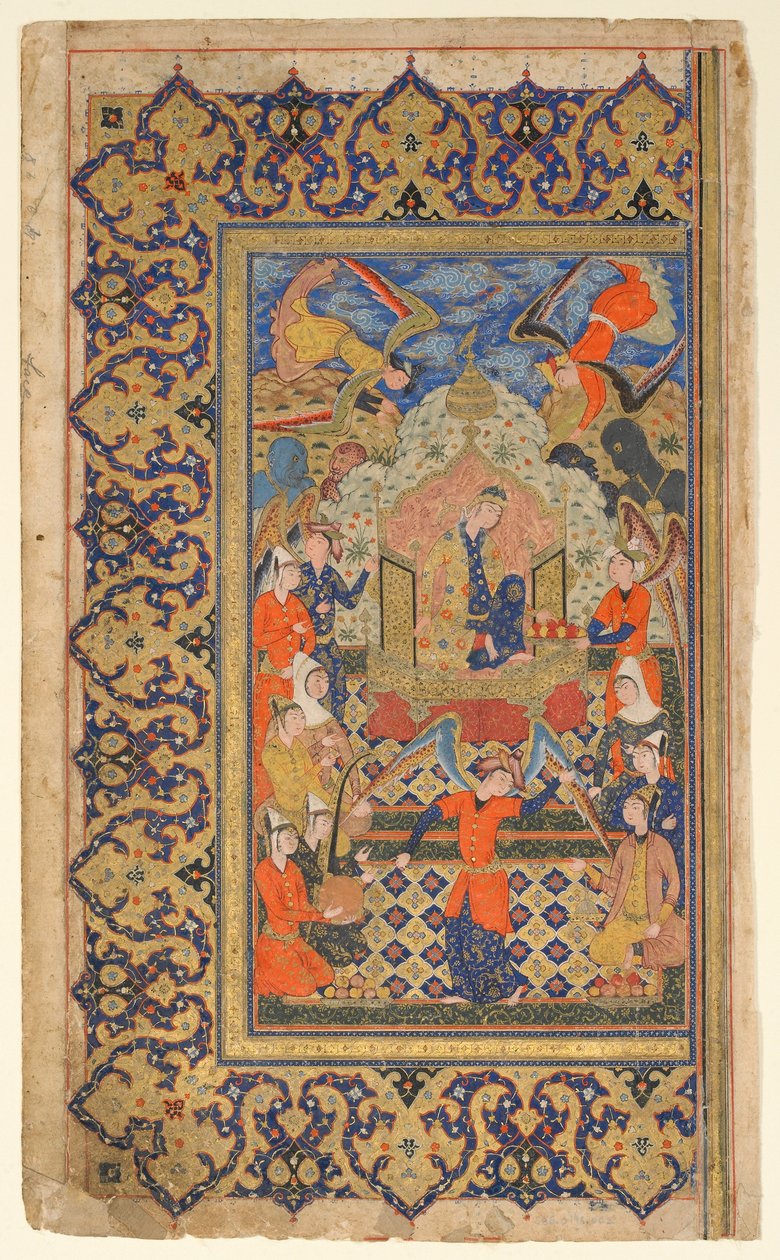 Folio from a Shahnama (Kniha králů) od Firdawsi; recto: Bilqis Enthroned; strana: text předmluvy, Shiraz, Fars, Iran, Safavid period, c.1590-1600 (neprůhledný akvarel, inkoust a zlato na papíře) od Persian School