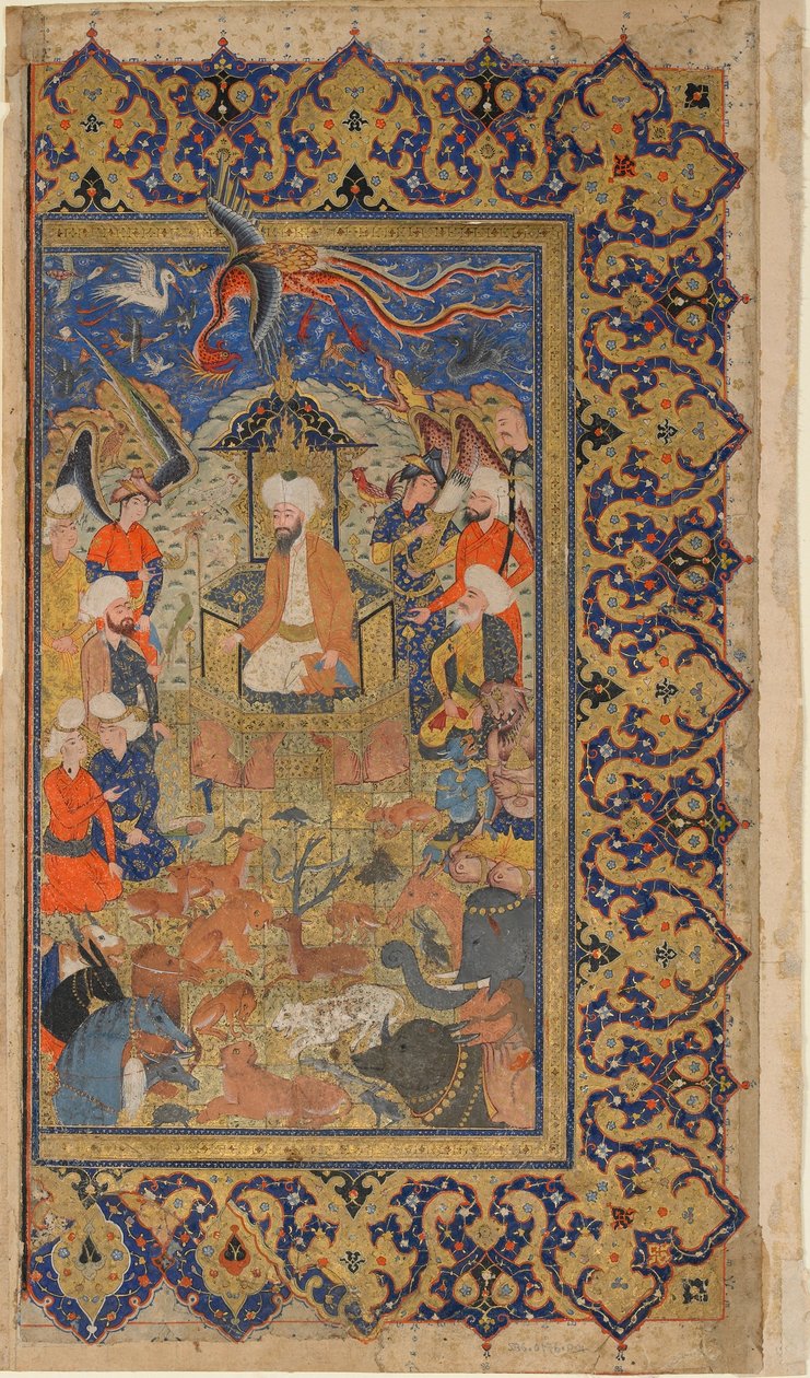 Folio from a Shahnama (Kniha králů) od Firdawsi; verso: Sulayman Enthroned, Shiraz, Fars, Iran, Safavid period, c.1590-1600 (neprůhledný akvarel, inkoust a zlato na papíře) od Persian School