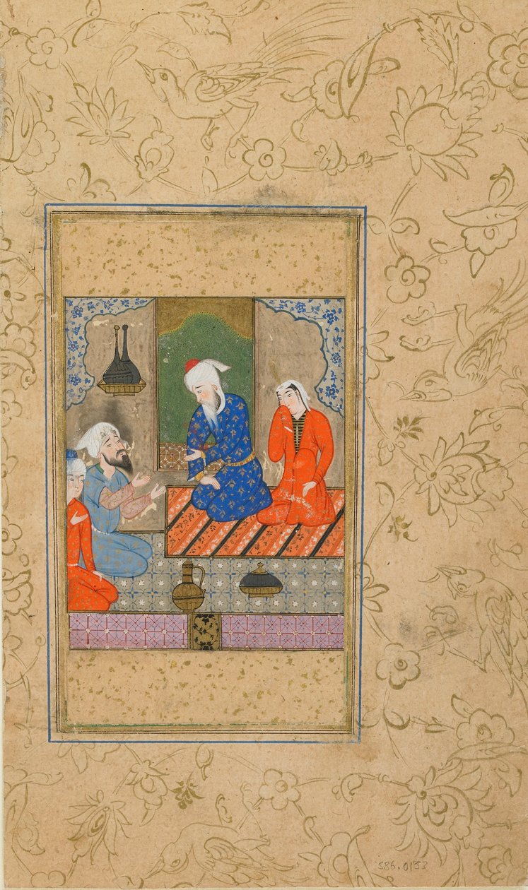 Folio from a Yusuf u Zulaykha od Jami († 1492); Zulaykha and an Elderly Man Listen to a Conversation, možná Mashhad, Iran, c.1560-70 (neprůhledný akvarel, inkoust a zlato na papíře) od Persian School