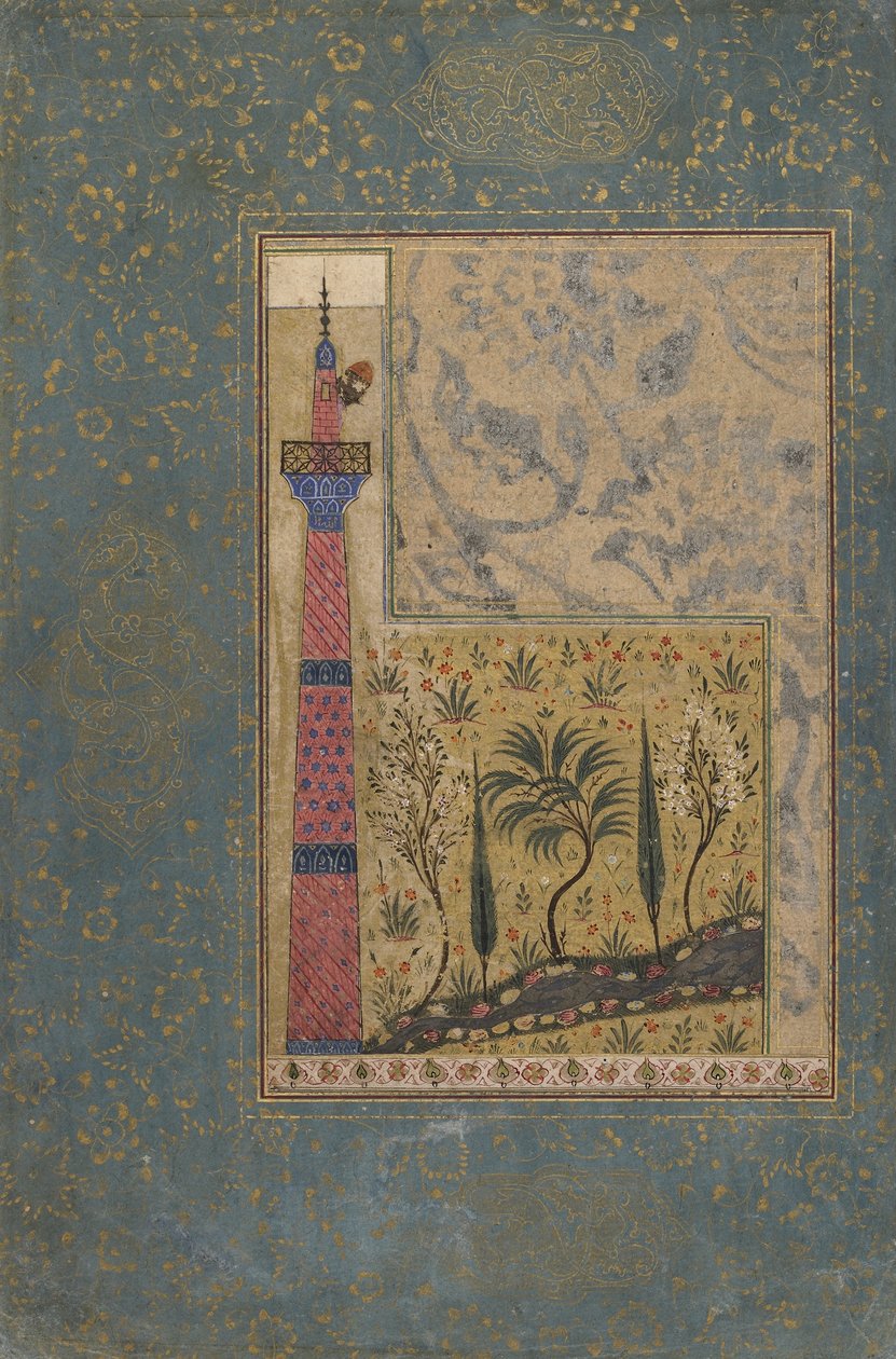 Folio z antologie; Muž na vrcholu minaretu, Írán, 1417-18 (neprůhledný akvarel a zlato na papíře) od Persian School