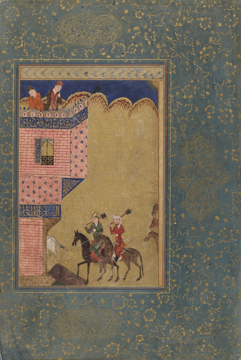 Folio z antologie; Dva jezdci nesoucí palcáty se blíží k budově, Írán, 1417-18 (neprůhledný akvarel a zlato na papíře) od Persian School