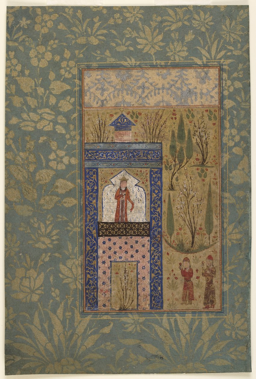 Folio z antologie; Dva mladíci před princeznou u okna, Írán, 1417-18 (neprůhledný akvarel a zlato na papíře) od Persian School