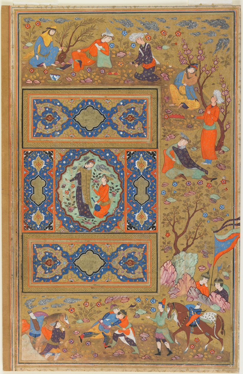 Folio z alba; verso: Pár milenců, Isfahán, Írán, safavidské období, 1590-1610 (neprůhledný akvarel, tuš a zlato na papíře) od Persian School