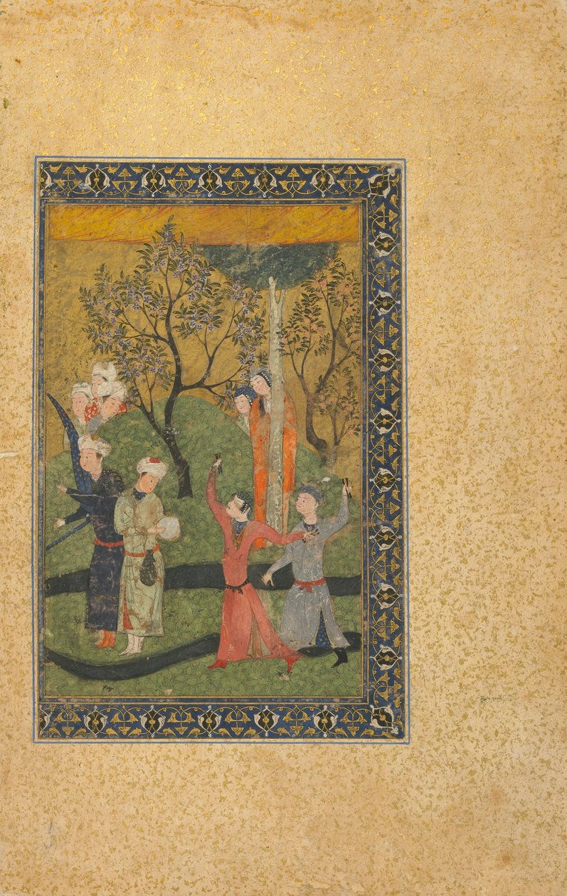 Folio z neidentifikovaného textu; Princ a princezna obklopeni dvořany v zahradě, Írán, turkomanské období, kolem roku 1480 (neprůhledný akvarel, inkoust a zlato na papíře) od Persian School