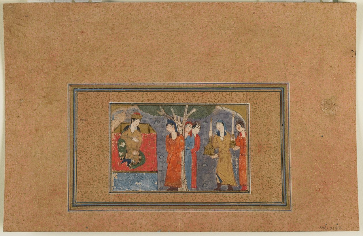 Folio z neidentifikovaného textu; A Princess Enthroned, Iran, c.1440-50 (neprůhledný akvarel, inkoust a zlato na papíře) od Persian School