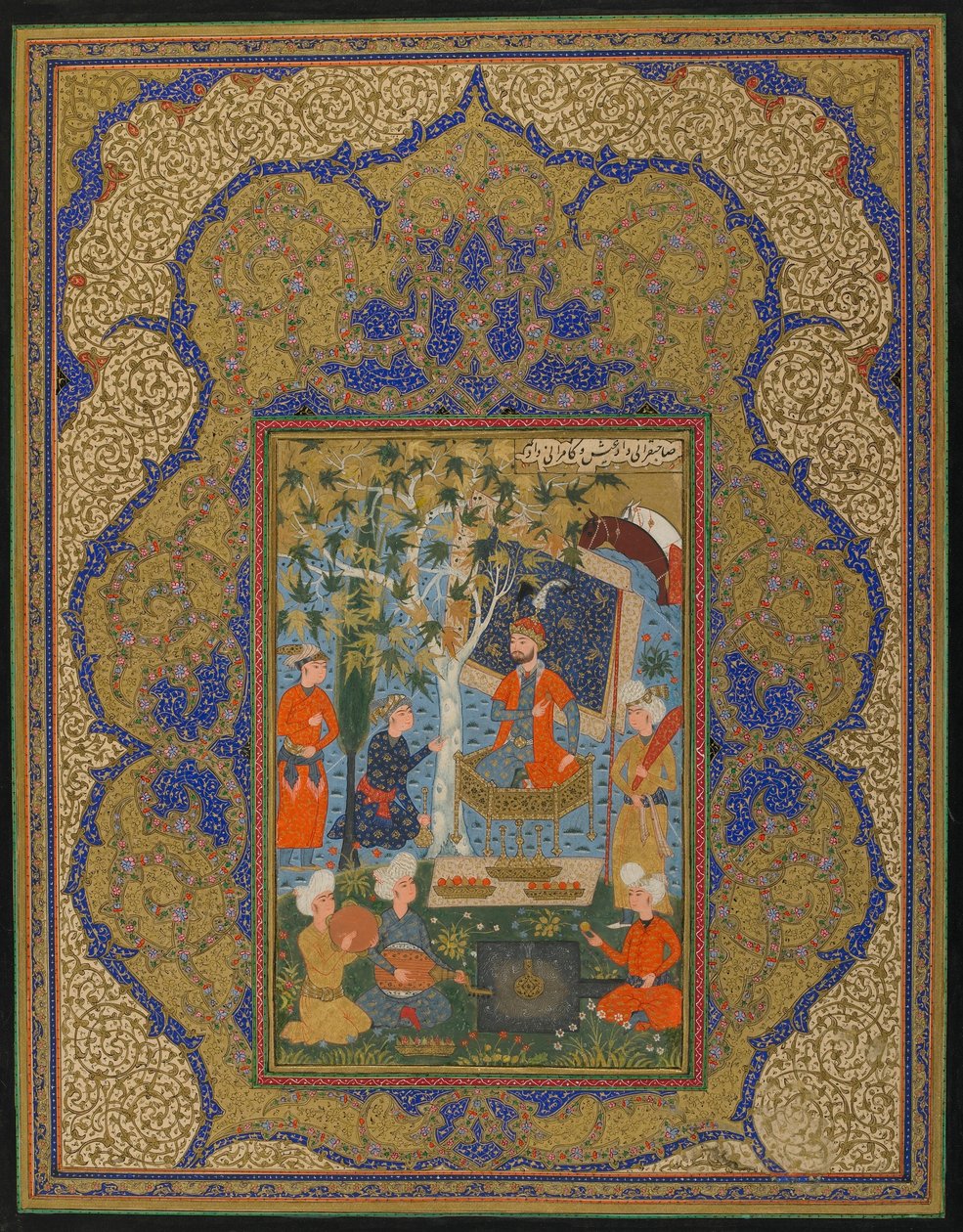 Folio z neidentifikovaného textu; A Ruler Enthroned, možná Khurasan, Írán, kolem roku 1590 (neprůhledný akvarel, inkoust a zlato na papíře) od Persian School
