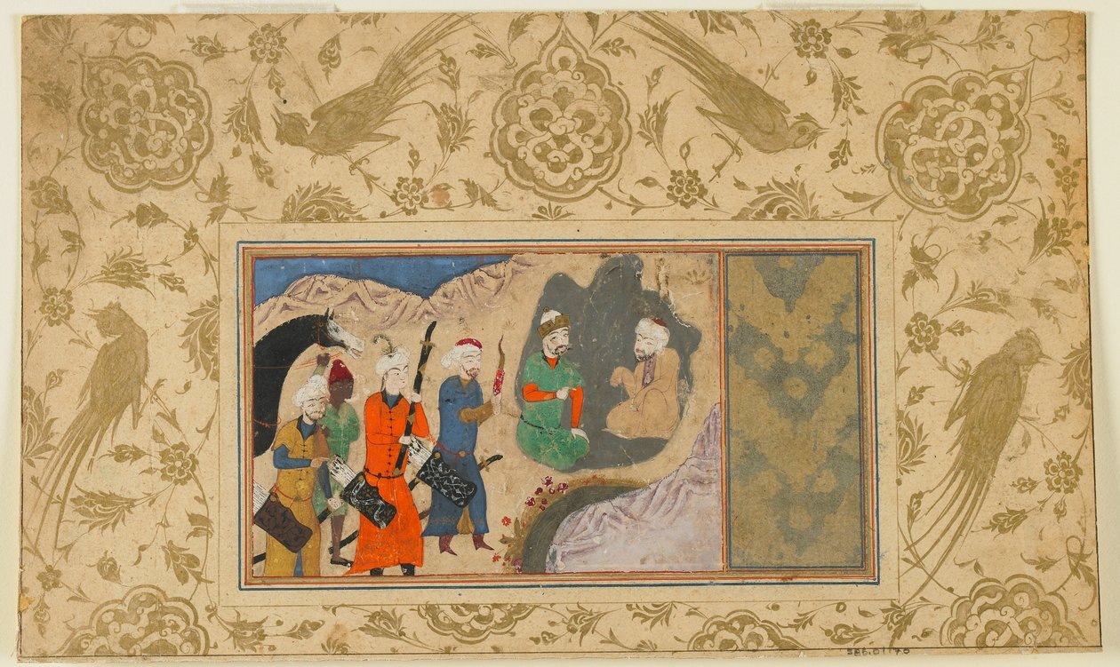 Folio z neidentifikovaného textu; Iskandar (?) Visits a Hermit, Iran, c.1500 (neprůhledný akvarel, inkoust a zlato na papíře) od Persian School