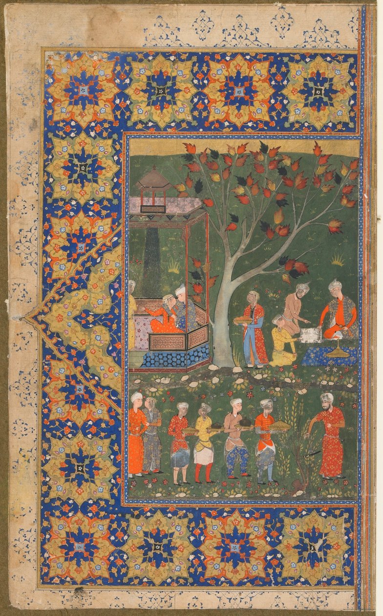 Folio z neidentifikovaného textu; recto: Party in a Garden, Shiraz, Iran, c.1570 (neprůhledný akvarel, inkoust a zlato na papíře) od Persian School