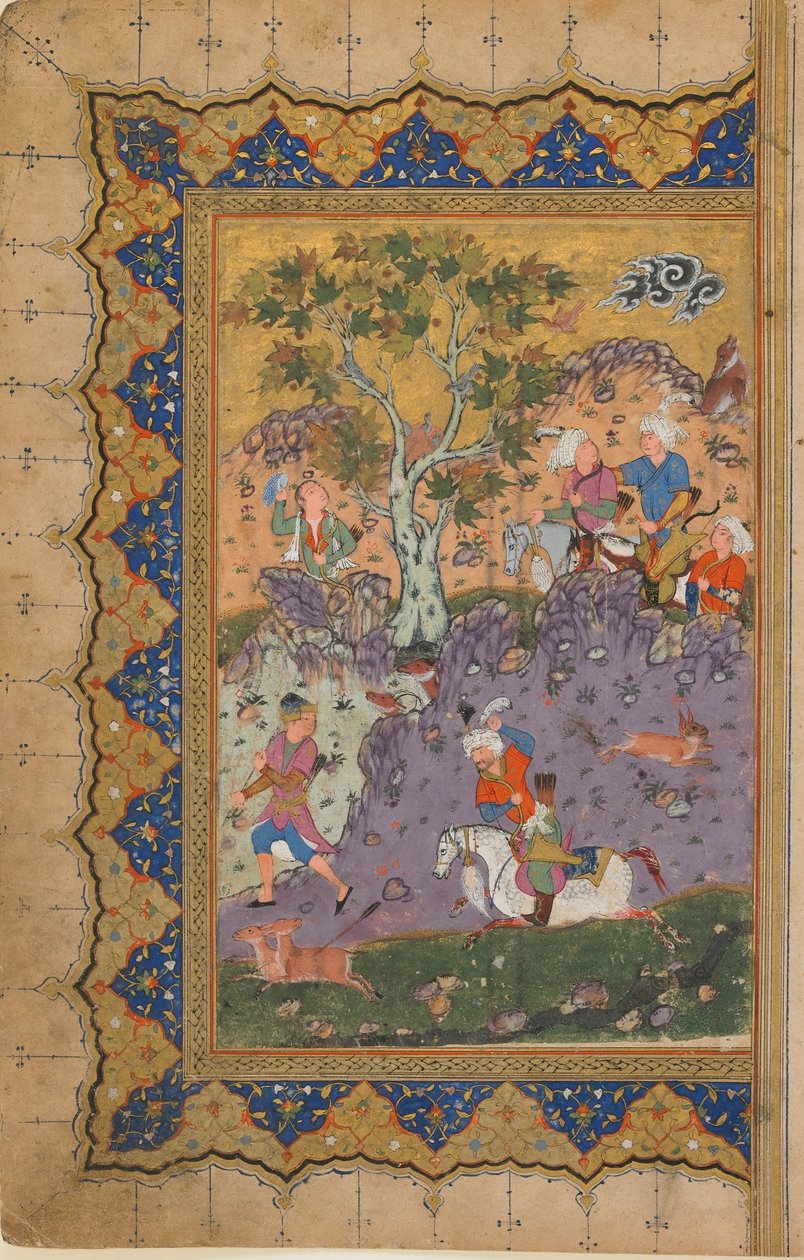 Folio z neidentifikovaného textu; recto: A Prince Hunting, Isfahan, Iran, cca 1600 (neprůhledný akvarel, inkoust a zlato na papíře) od Persian School