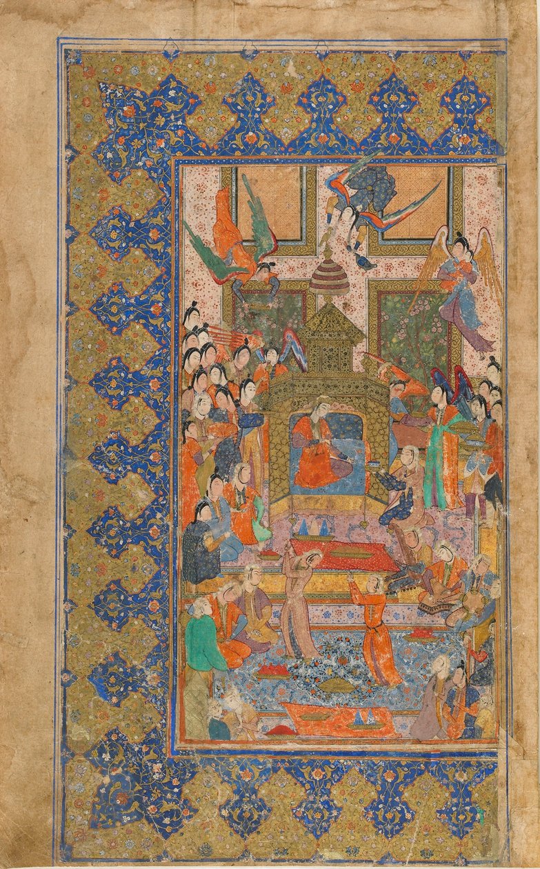 Folio z neidentifikovaného textu; recto: A Princess Enthroned, Shiraz, Iran, c.1560 (neprůhledný akvarel, inkoust a zlato na papíře) od Persian School
