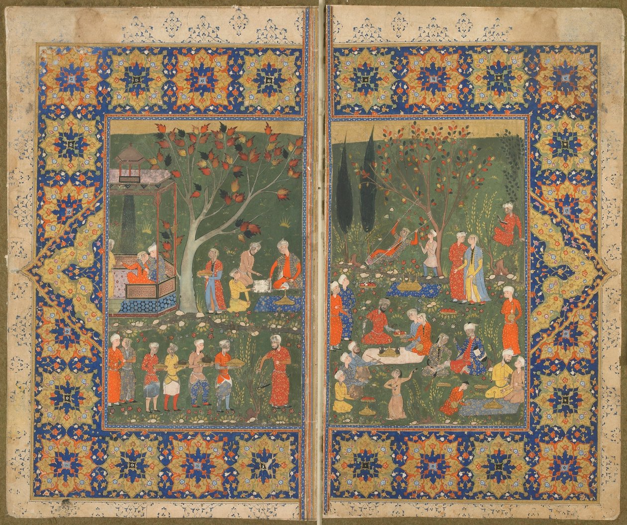Folio z neidentifikovaného textu; verso: Party in a garden, Shiraz, Iran, c.1570 (neprůhledný akvarel, inkoust a zlato na papíře) od Persian School