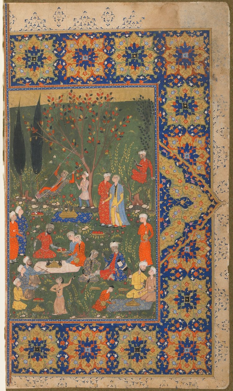 Folio z neidentifikovaného textu; verso: Party in a garden, Shiraz, Iran, c.1570 (neprůhledný akvarel, inkoust a zlato na papíře) od Persian School