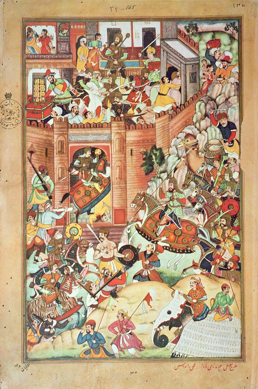 Čingischán zachycuje čínské město, miniatura z „Perské historie Čingischána“ dokončená v roce 1596 od Persian School